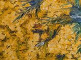 painting of yellow flowers in a glass vase on a table