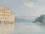 un tableau représentant une ville au bord de l'eau, avec un voilier