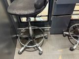 two stools that are sitting in front of a desk