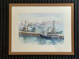 a picture of a painting of a harbor with boats