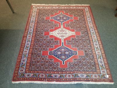 un tapis rouge et bleu posé sur une moquette verte dans une pièce