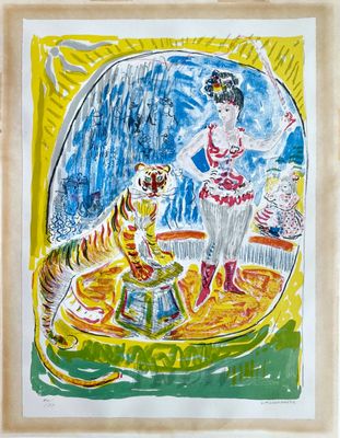 une image représentant un tableau où figurent une femme et un tigre