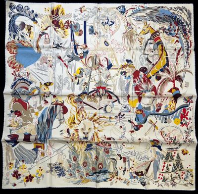 an old handkerchief with an image of people and animals on it