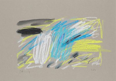 drawing of a blue and yellow abstract painting on a gray background