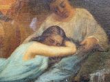 an oil painting of a woman laying on a bed next to a child