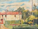 une image d'une peinture représentant une maison sur une colline