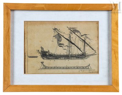 un vieux dessin représentant un bateau, encadré dans un cadre en bois, sur fond blanc
