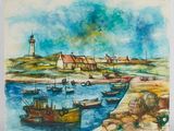 a painting of boats in a harbor with a lighthouse in the background