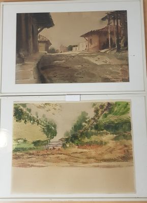 trois aquarelles représentant une route de campagne avec une maison en arrière-plan