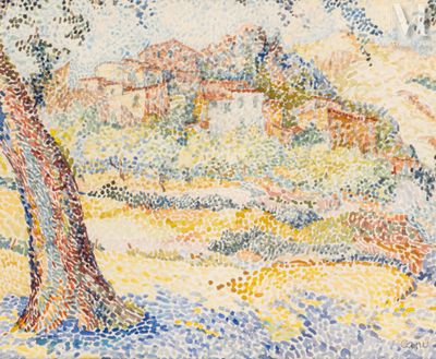 an image of a painting of a tree in the middle of a field