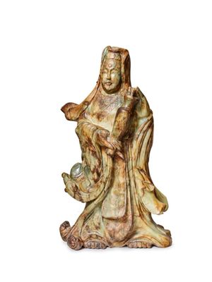 statue of a woman holding a baby and a bird on a white background