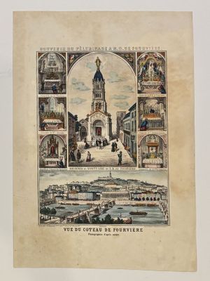 an old drawing of a view of a town with buildings and a clock tower