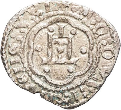 a silver coin with a ship in the middle of it