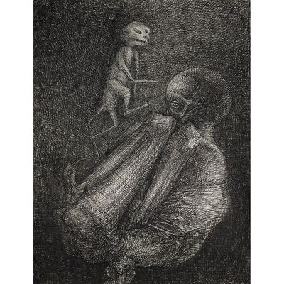 an image of a drawing of a man with a dog sitting on his lap