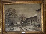une image d'une photo d'un tableau représentant un village sous la neige