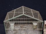 a bird cage with a bird inside of it on a table