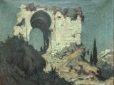 painting of a painting of an old building with a stone wall