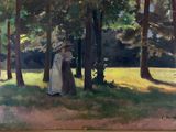 une peinture à l'huile représentant deux femmes dans un parc bordé d'arbres