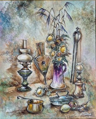 tableau représentant une nature morte avec un vase de fleurs et d'autres objets