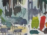 a watercolor painting of a man on a snowboard