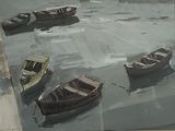 many small boats floating on the water in this painting