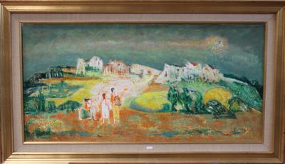a painting of a group of people standing in a field
