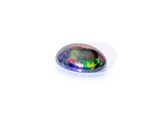 an oval black oplite gemstone with a rainbow hue
