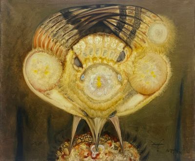 une peinture à l'huile représentant un oiseau perché au sommet d'un tas de nourriture