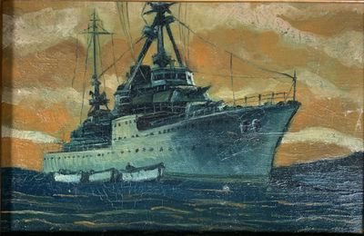 painting of a large ship in the middle of a body of water