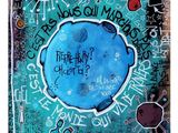 a painting of a blue planet with writing on it
