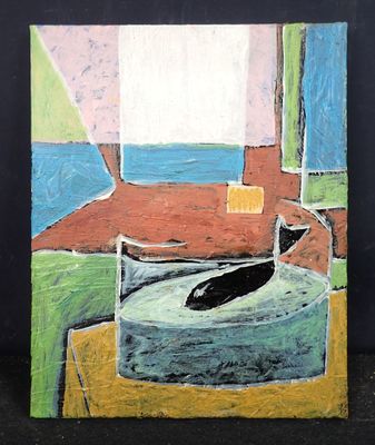 un tableau représentant un oiseau perché sur une table devant une fenêtre