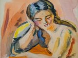 l'image d'un tableau représentant une femme assise sur un canapé