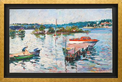 une peinture représentant un homme sur un bateau dans l'eau