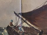 a painting of a boat in the water with people on it