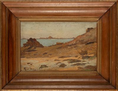 an image of a painting of a beach scene with rocks in the foreground