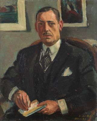 tableau représentant un homme en costume, assis sur une chaise et en train de lire un livre