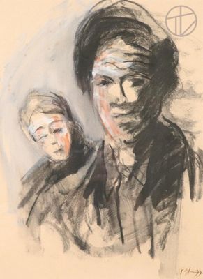 drawing of a man and a woman with a cross in the background