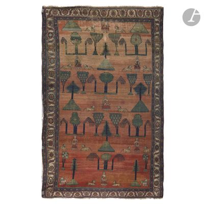 a brown and red rug with a pattern of trees on it