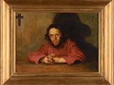 an oil painting of a man sitting at a table with his hands folded over his chest