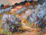 an oil painting of a landscape with trees and bushes in the foreground