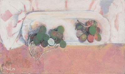a painting of fruit on a plate on a table