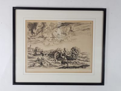 framed drawing of a landscape with a horse drawn by a man