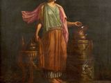 a painting of a woman standing next to a water well