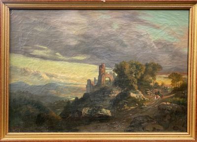 an oil painting of a castle on a hill with a sky background