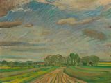 une image représentant un tableau représentant un champ avec des nuages dans le ciel