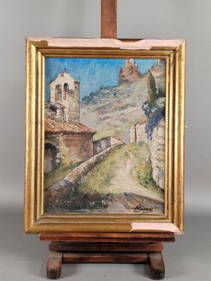 une peinture à l'huile représentant un paysage de montagne avec une église en arrière-plan