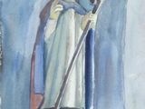 une peinture représentant une statue de femme tenant un bâton