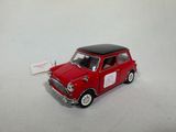 a small red car with a black roof on a white surface