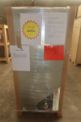 a refrigerator that is wrapped in plastic and ready to be shipped