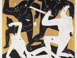a black and white drawing of a group of naked men